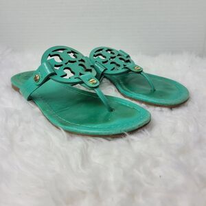 Tory Burch Miller Womens Sandals Size 5 Blue Turquoise Medallion Logo Flip Flops